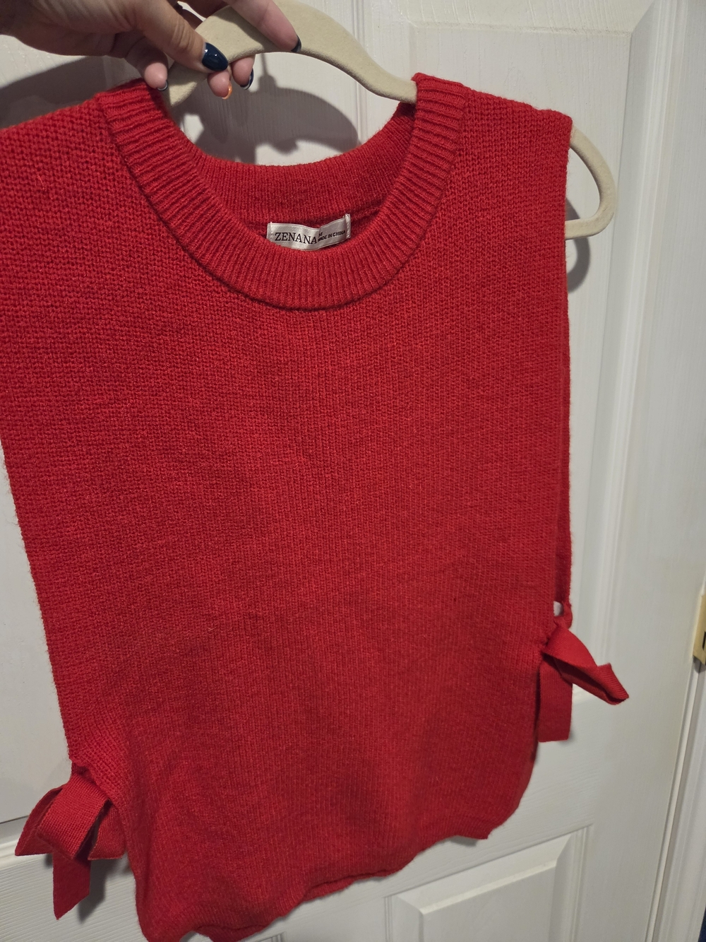 Zenana Outfitters Bright Red Sleeveless Crewneck Sweater Vest with Side Bows